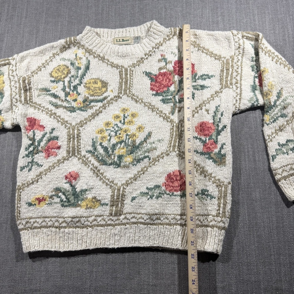 L.L. Bean Sweater Womens Small Beige Floral Knit Cottagecore Grannycore Vintage - Picture 3 of 6
